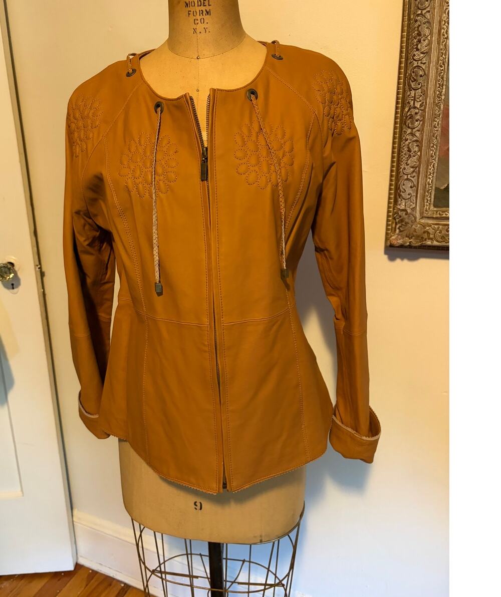 Pamela McCoy Leather Jacket Women MED Cognac Floral Embroidered Boho Y2K